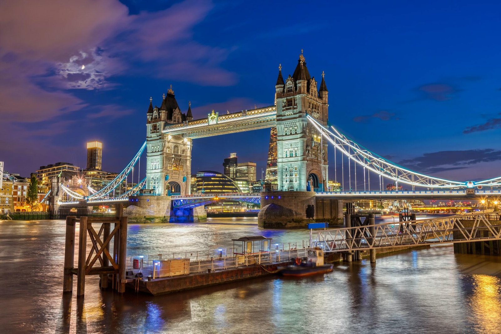 The illuminated Tower Bridge in London, UK